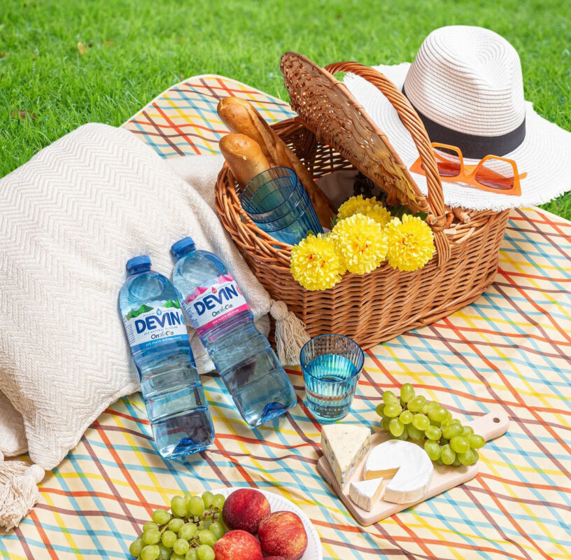 Piknikutekk piknikukorvi, Devin on the Go veepudelite, juustu ja viinamarjadega